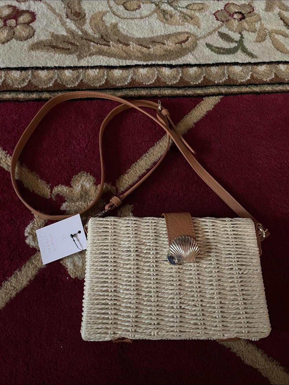 LC Lauren Conrad Natural Woven Crossbody with Tan Trim and Magnetic Shell Clasp